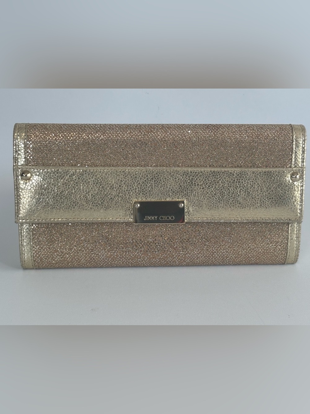 Jimmy Choo Reese Gold Glitter Lurex Continental Wallet Clutch Dust Bag Authentic